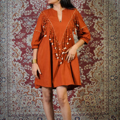 MITTI-Terracotta Embellished Dress cum Kurta Palazzo Set