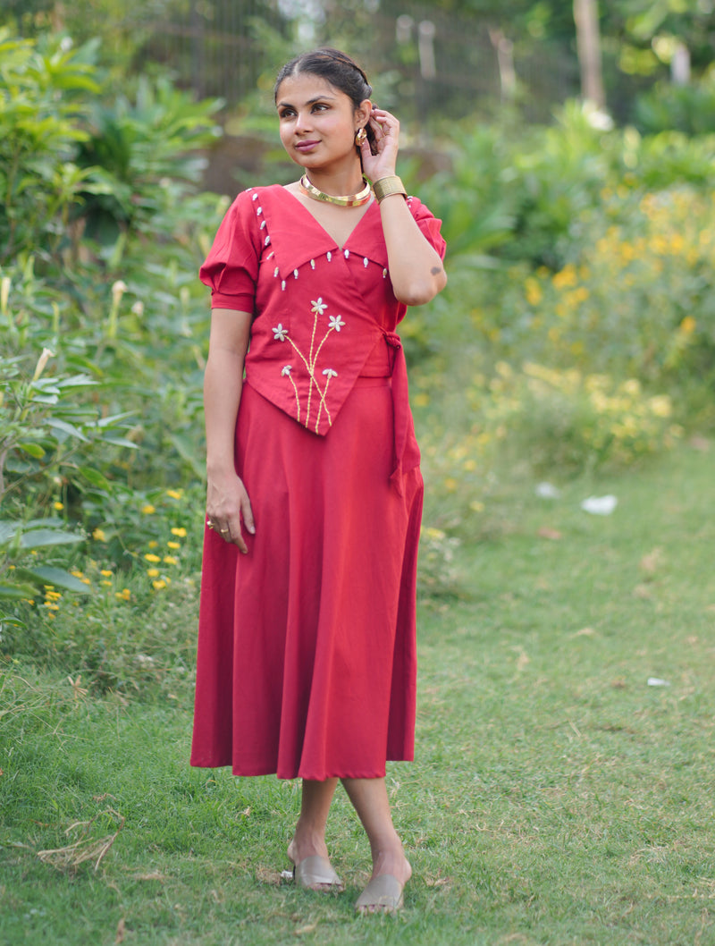 Aarohi Cotton Flax Skirt Top Set | Shell Embellished Wrap Top