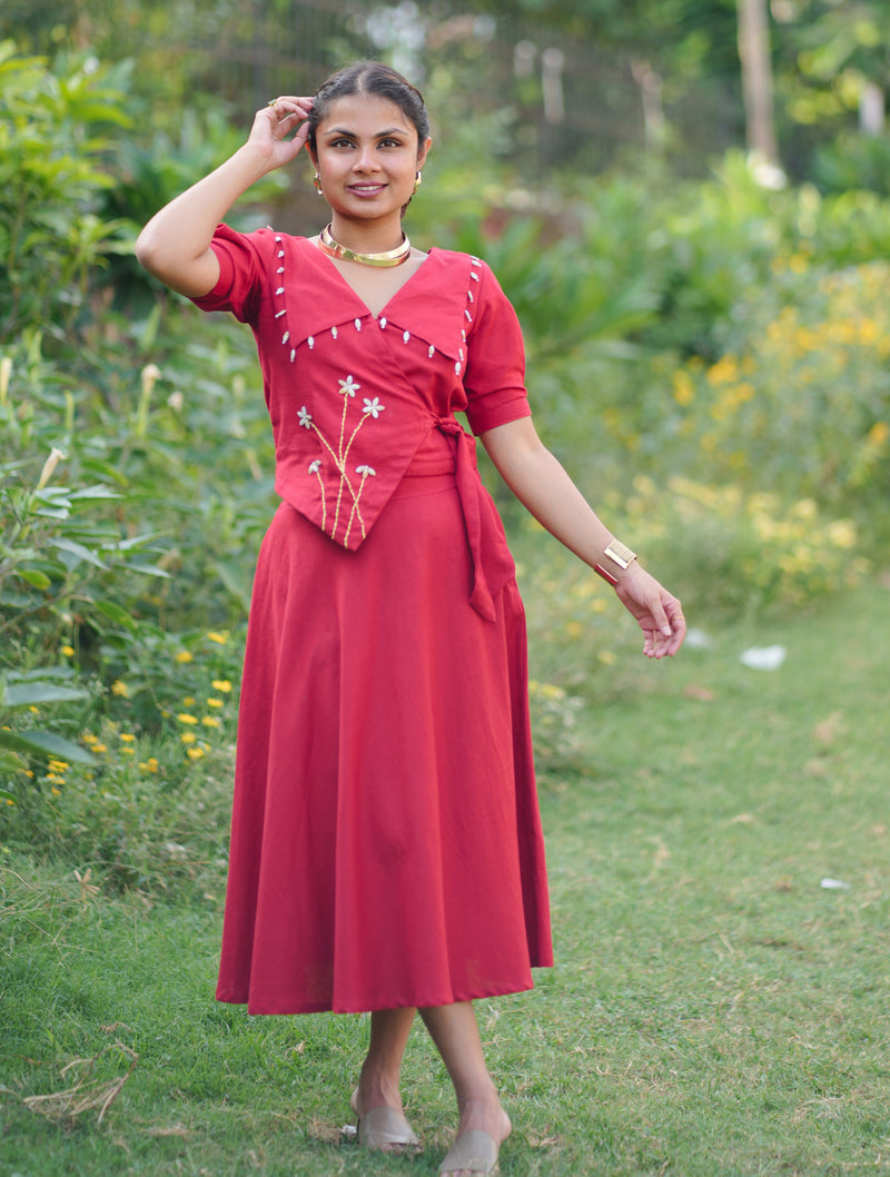Aarohi Cotton Flax Skirt Top Set | Shell Embellished Wrap Top