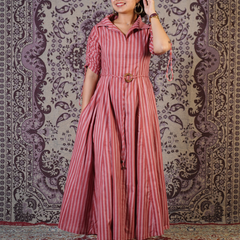 Rangrez Rose Stripe Cotton Maxi Dress with Ruched Sleeves