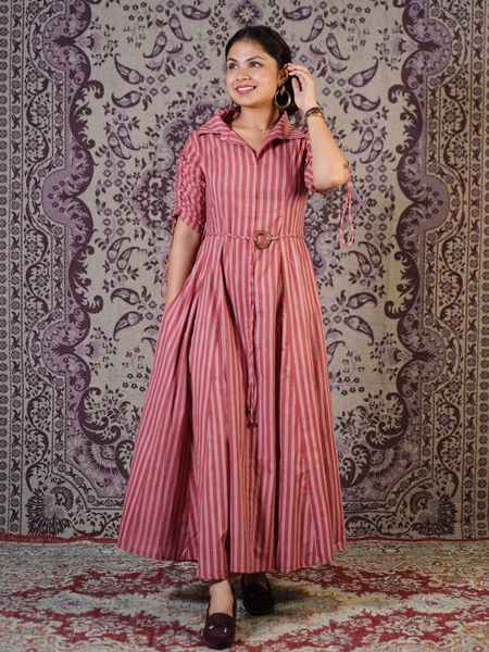 Rangrez Rose Stripe Cotton Maxi Dress with Ruched Sleeves