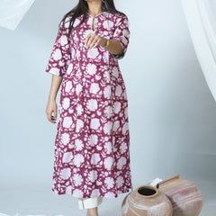 Anika Hand Embroidered (Neck) Hand Block Printed Sanganeri Kurta with Stylish Pocket