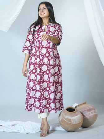 Hand Embroidered (Neck) Hand Block Printed Sanganeri Kurta with Stylish Pocket