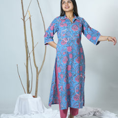 Sanganeri Hand Block Printed Straight Fit Kurta Styled With Embroidery