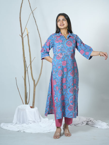 Sanganeri Hand Block Printed Straight Fit Kurta Styled With Embroidery