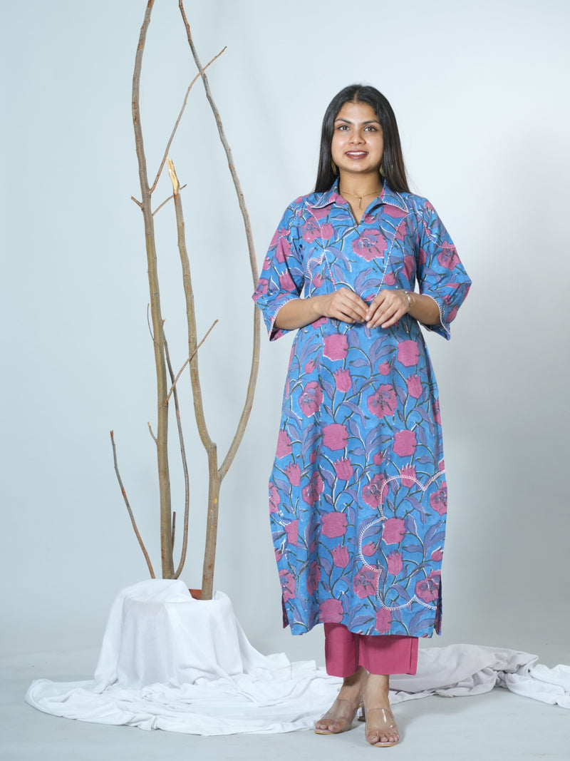 Sanganeri Hand Block Printed Straight Fit Kurta Styled With Embroidery