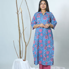 Sanganeri Hand Block Printed Straight Fit Kurta Styled With Embroidery