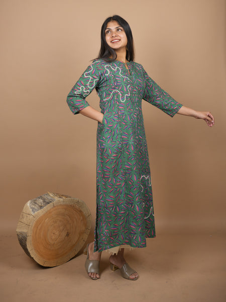 Pradha Hand Block Printed Kurta With A Blend of Contemporary Embroidery