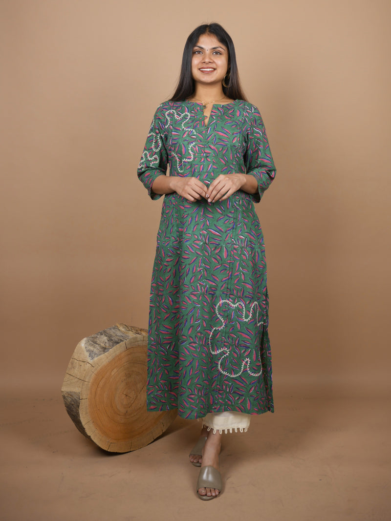 Pradha Hand Block Printed Kurta With A Blend of Contemporary Embroidery