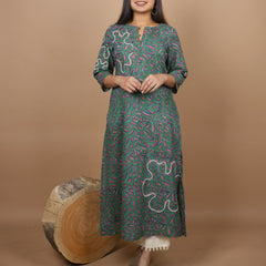 Pradha Hand Block Printed Kurta With A Blend of Contemporary Embroidery