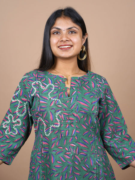 Pradha Hand Block Printed Kurta With A Blend of Contemporary Embroidery