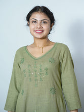 Baari Rani Hand Chikankari  Olive Green Slub Cotton kurta