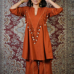 MITTI-Terracotta Embellished Dress cum Kurta Palazzo Set