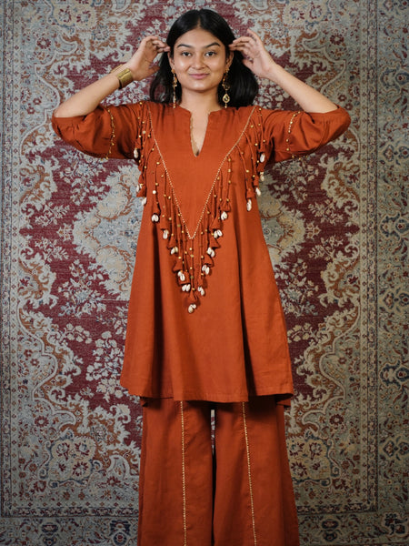 MITTI-Terracotta Embellished Dress cum Kurta Palazzo Set