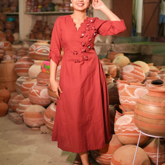 Brick Red Floral Appliqué A-Line Midi Dress for Women