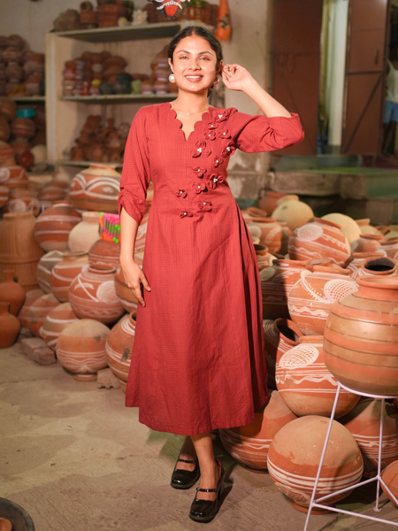 Brick Red Floral Appliqué A-Line Midi Dress for Women