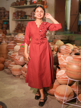 Brick Red Floral Appliqué A-Line Midi Dress for Women