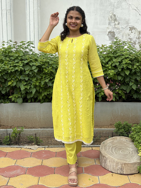 Vibrant Lemon Yellow Kota Doriya Kurta Set