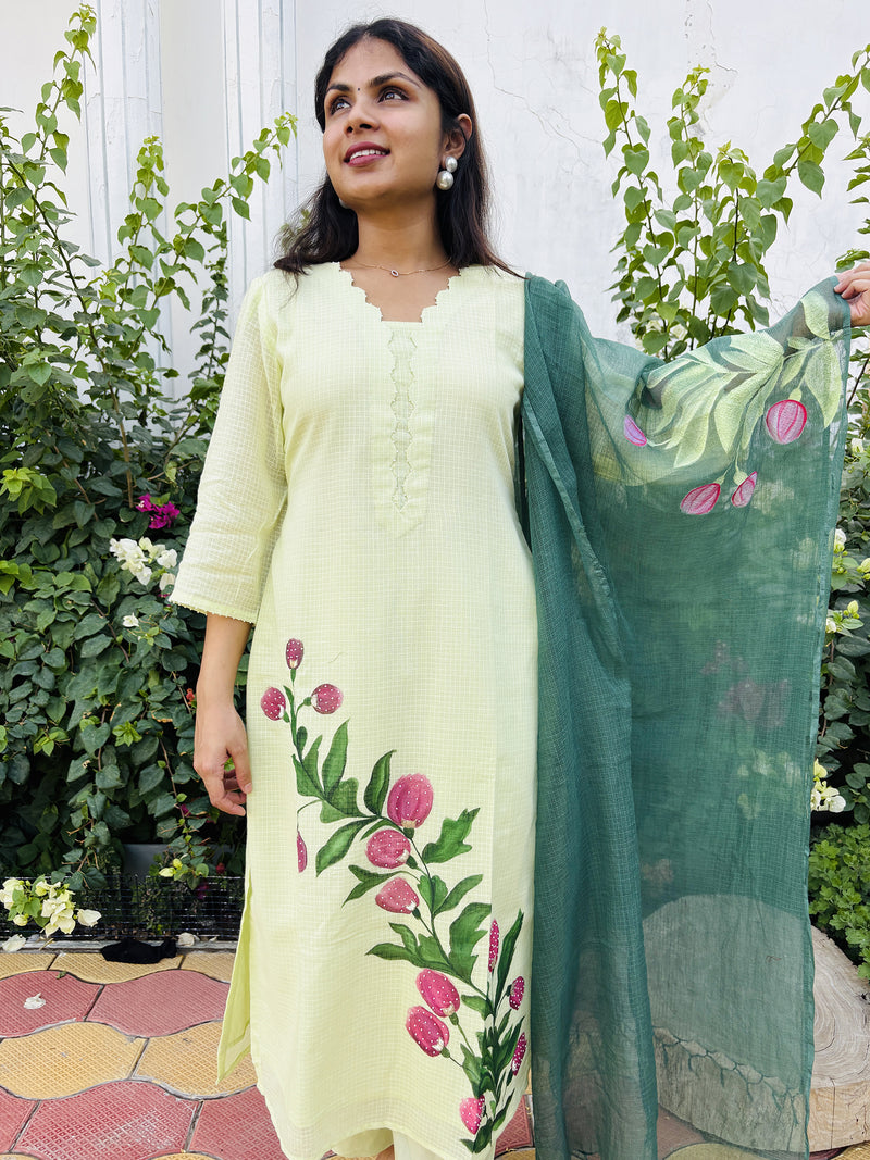 Light Green Hand Painted  Kota Doriya Suit  Set