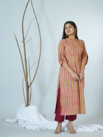 Charita Sanganeri Hand Block Printed Straight Fit Kurta Detailed With Hand Embroidery