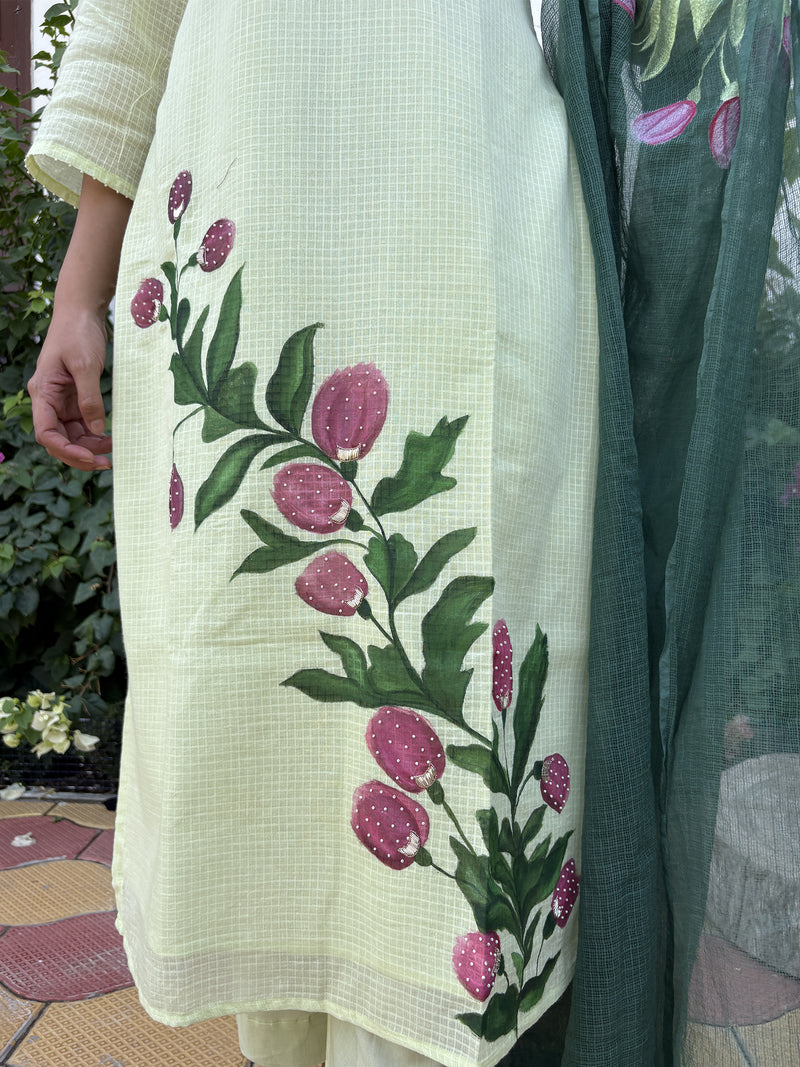 Light Green Hand Painted  Kota Doriya Suit  Set