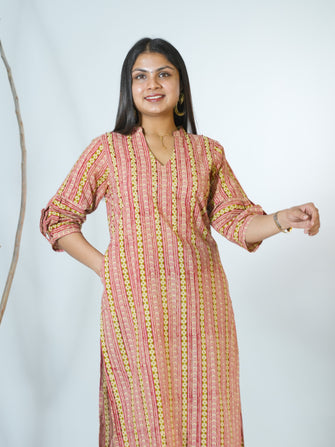 Charita Sanganeri Hand Block Printed Straight Fit Kurta Detailed With Hand Embroidery