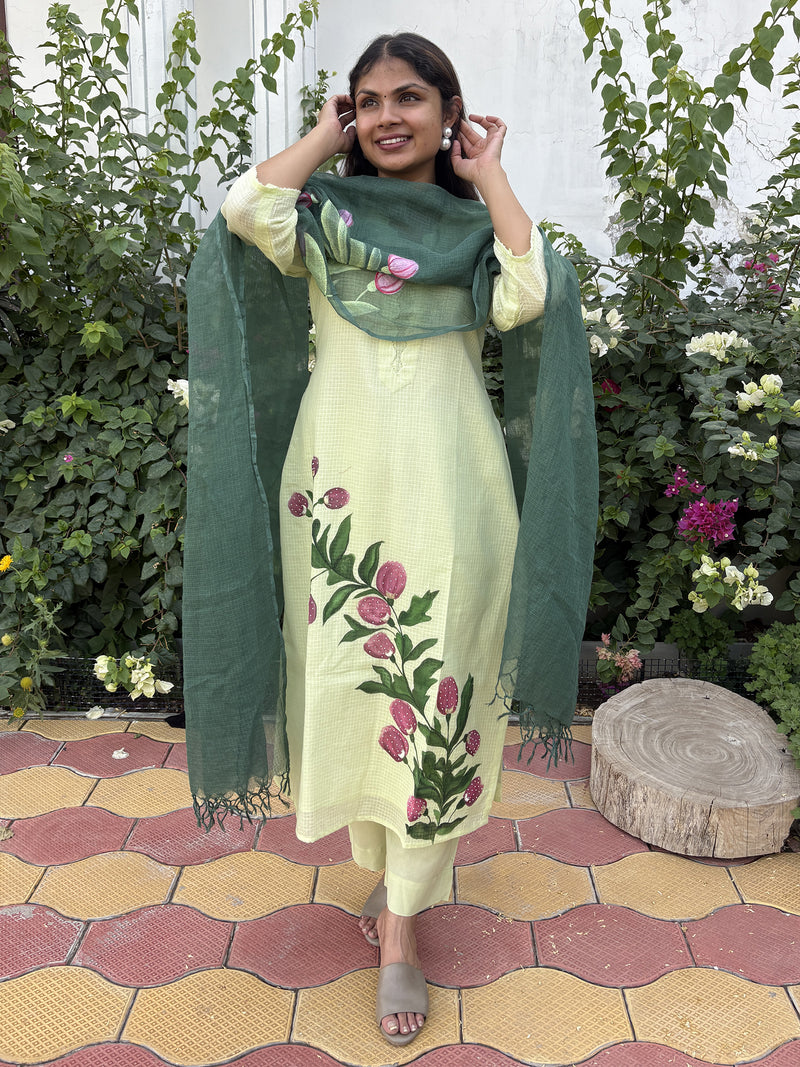 Light Green Hand Painted  Kota Doriya Suit  Set
