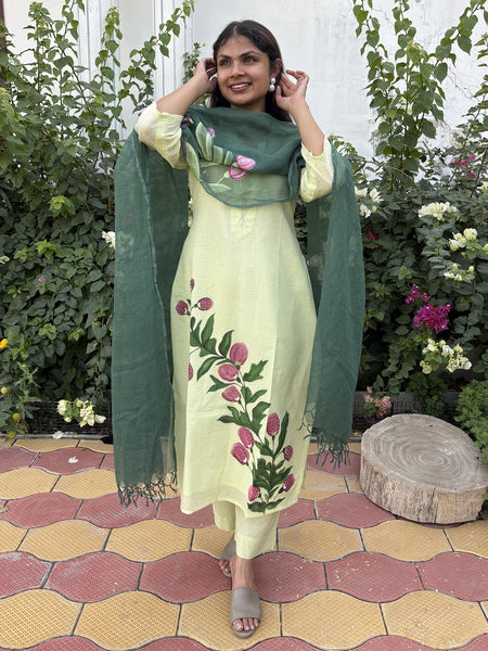 Light Green Hand Painted  Kota Doriya Suit  Set