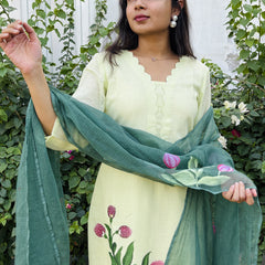 Light Green Hand Painted  Kota Doriya Suit  Set