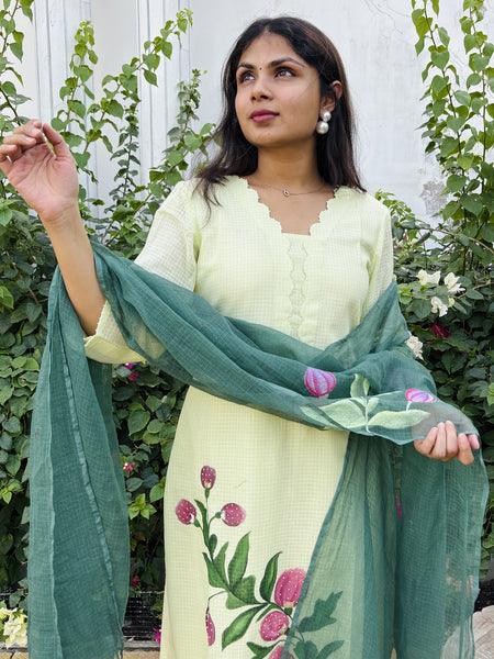 Light Green Hand Painted  Kota Doriya Suit  Set