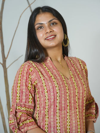 Charita Sanganeri Hand Block Printed Straight Fit Kurta Detailed With Hand Embroidery