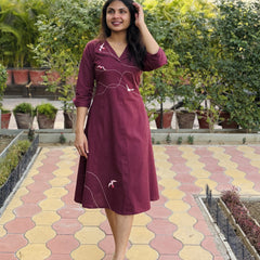 Wings In Wine Hand Embroidery Cotton Flax Dress