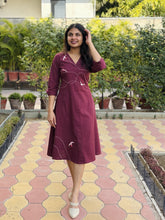 Wings In Wine Hand Embroidery Cotton Flax Dress