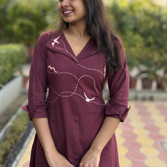 Wings In Wine Hand Embroidery Cotton Flax Dress