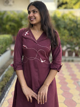 Wings In Wine Hand Embroidery Cotton Flax Dress