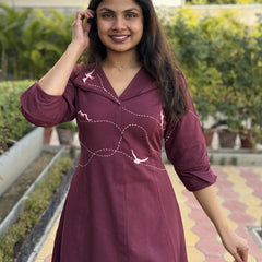 Wings In Wine Hand Embroidery Cotton Flax Dress