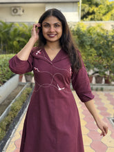 Wings In Wine Hand Embroidery Cotton Flax Dress