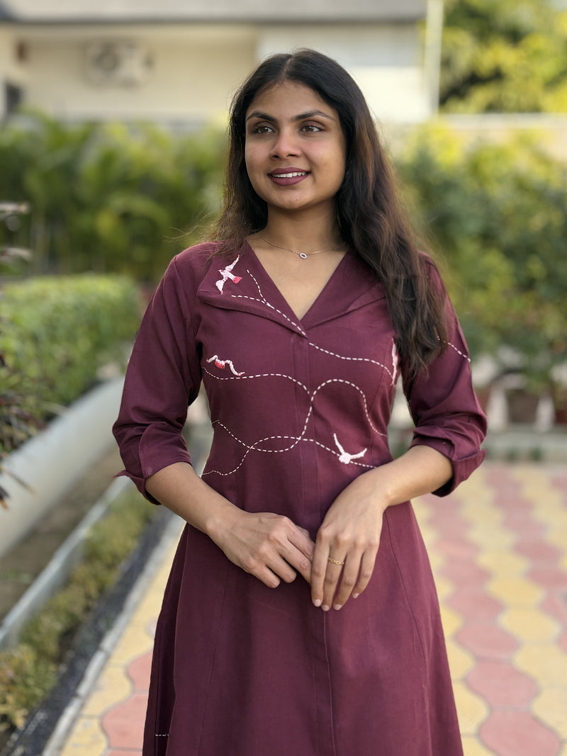 Wings In Wine Hand Embroidery Cotton Flax Dress