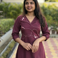 Wings In Wine Hand Embroidery Cotton Flax Dress