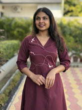 Wings In Wine Hand Embroidery Cotton Flax Dress