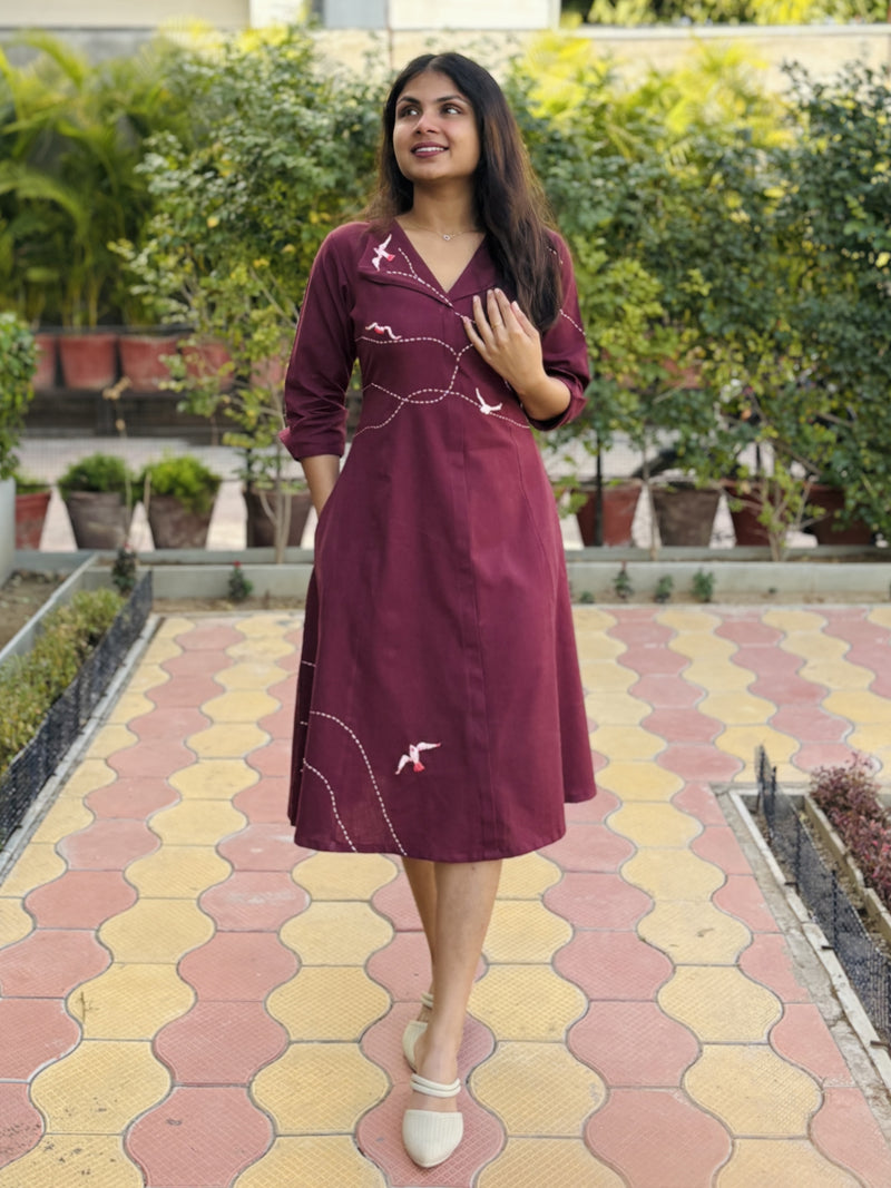 Wings In Wine Hand Embroidery Cotton Flax Dress