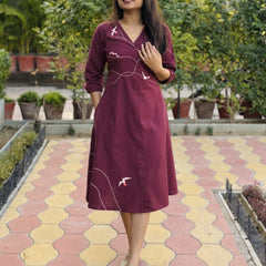 Wings In Wine Hand Embroidery Cotton Flax Dress