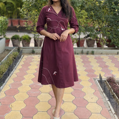 Wings In Wine Hand Embroidery Cotton Flax Dress