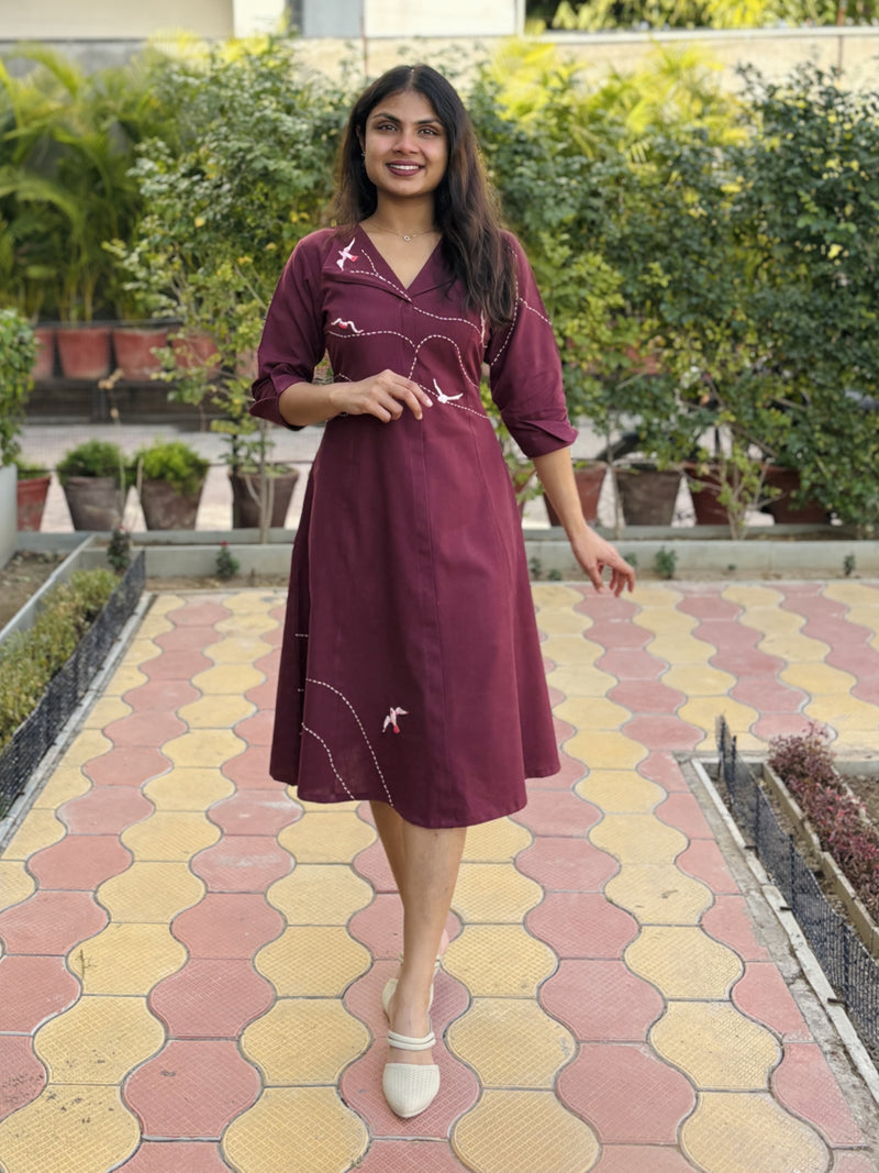 Wings In Wine Hand Embroidery Cotton Flax Dress