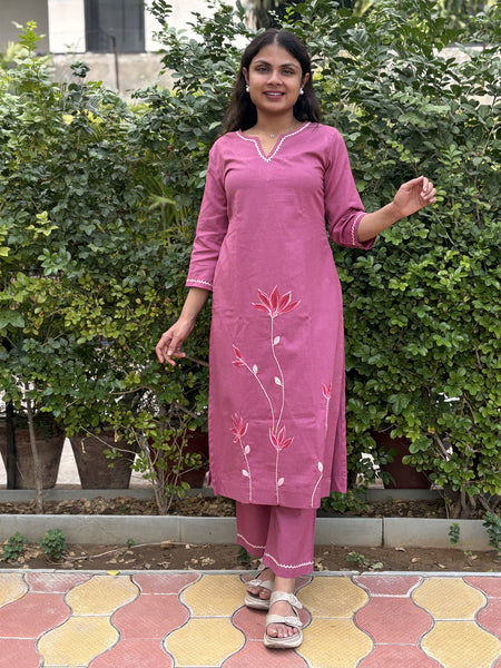 Pink Floral Embroidered Kurti With Pants