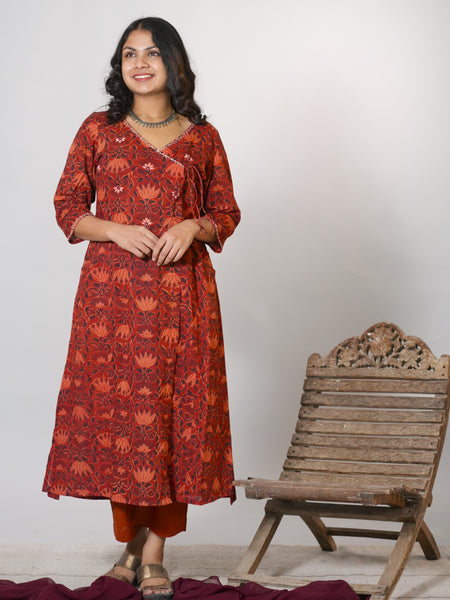 Drishti Hand Block Printed Side Kali Angrakha pattern Kurta