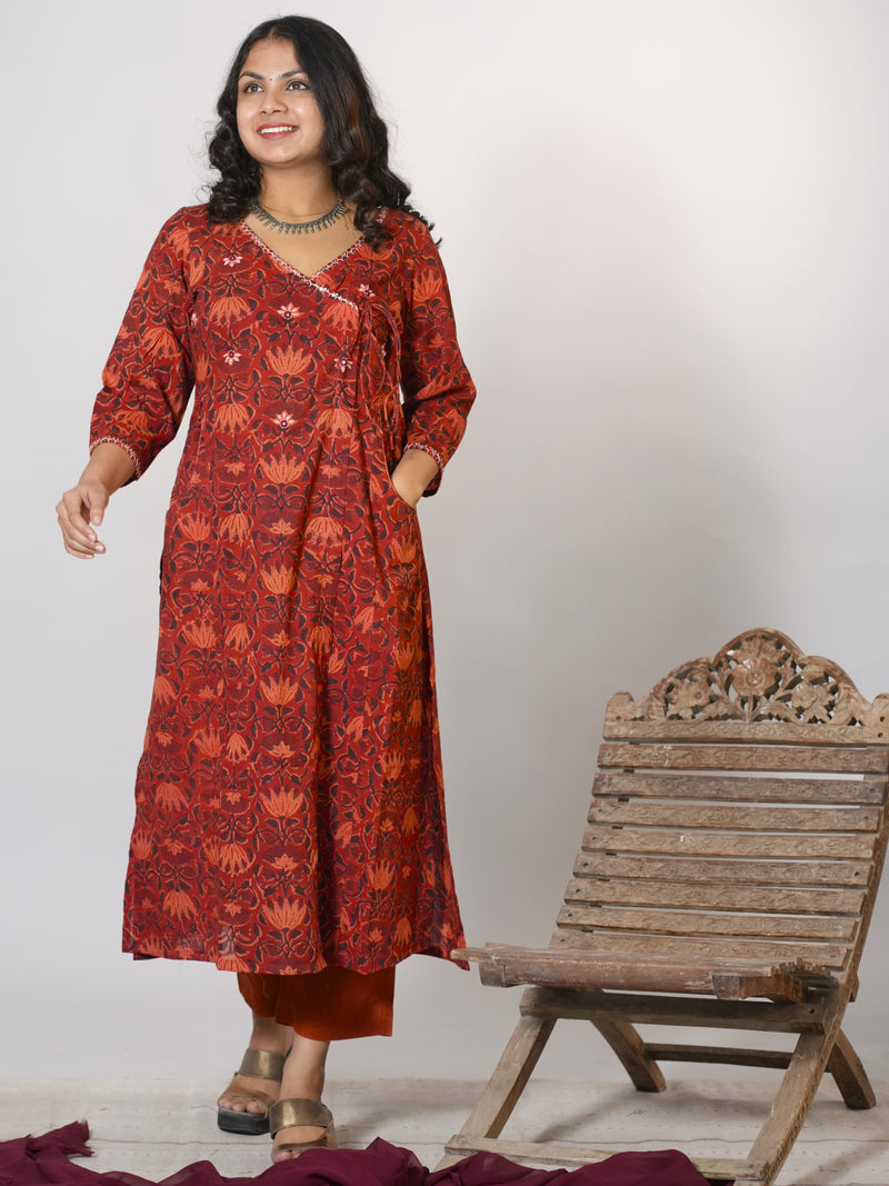 Drishti Hand Block Printed Side Kali Angrakha pattern Kurta