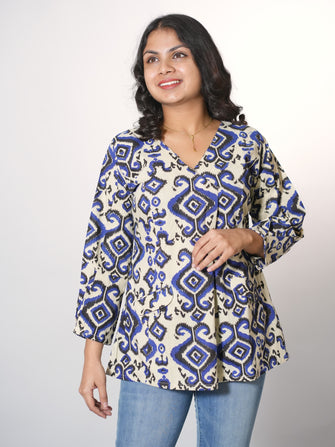 Hand Block printed Angrakha Styled Cotton Top with Stylish Safari Pocket