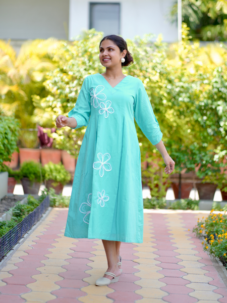 Mint Bloom Gingham Cotton Dress