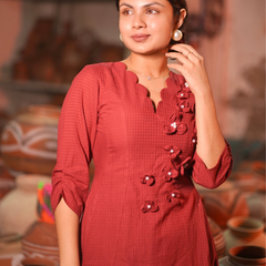 Brick Red Floral Appliqué A-Line Midi Dress for Women